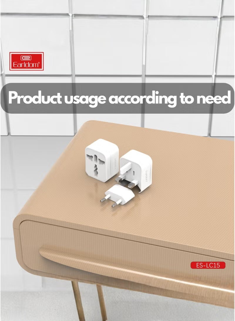 Earldom محول كهربائي عالمي 3 قطع LC15 أبيض – محول طاقة للسفر الدولي، محول متعدد للمقابس في المملكة المتحدة/الولايات المتحدة/الاتحاد الأوروبي/أستراليا، شاحن محمول مدمج، آمن وموثوق - Image 2